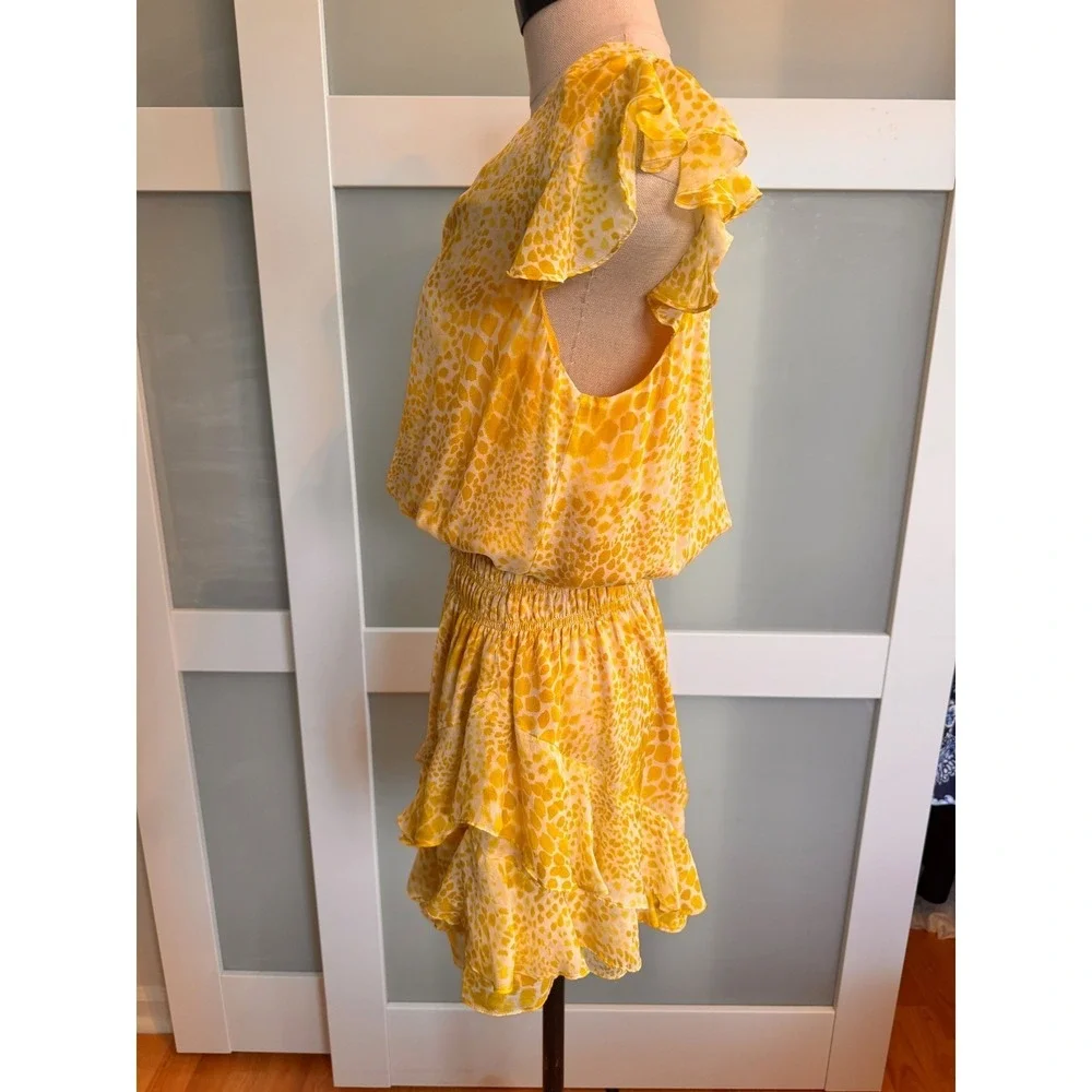 Ramy Brook M Silk Yellow Animal Print Ruffle Simone Mini Dress Pleated Smocked